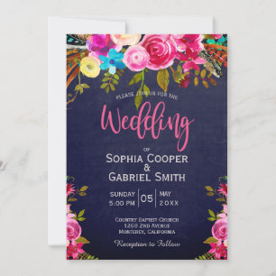 Modern Pink Floral Navy Blue Typography Wedding Invitation