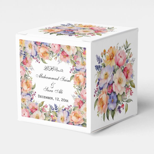 Modern Pink Floral Nikah Muslim Invitation Favor Boxes (Front Side)