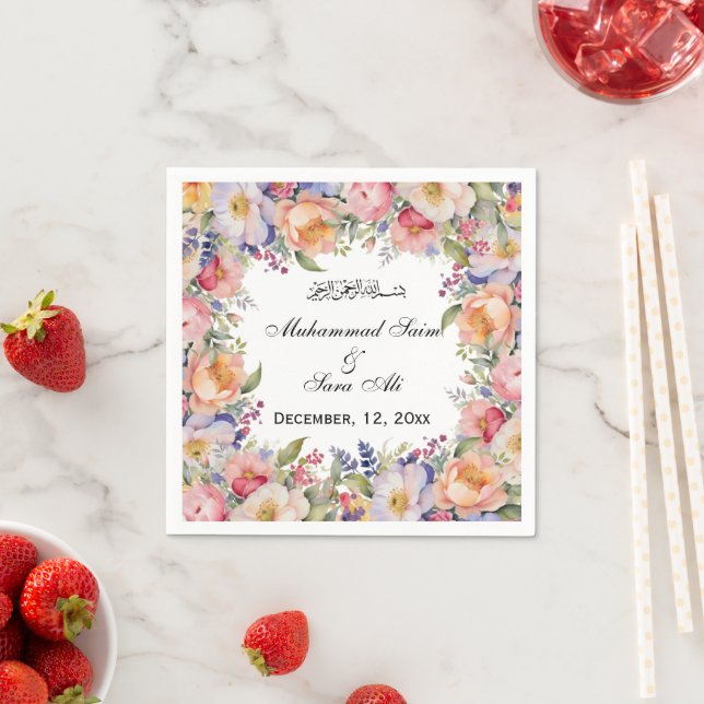 Modern Pink Floral Nikah Muslim Invitation Napkins (Insitu)