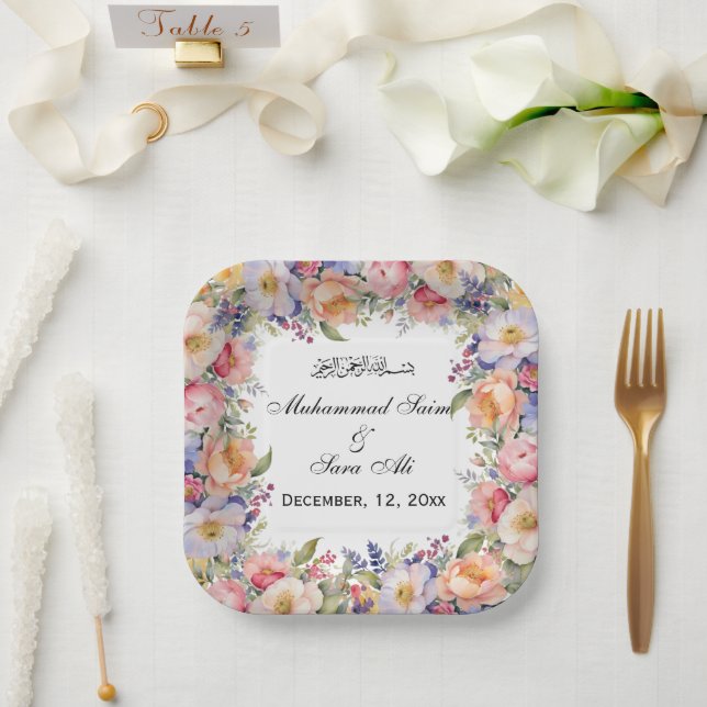 Modern Pink Floral Nikah Muslim Invitation Paper Plates (Wedding)