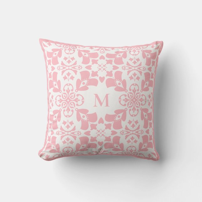 Modern Pink Floral Pattern Classy Elegant Monogram Throw Pillow (Front)