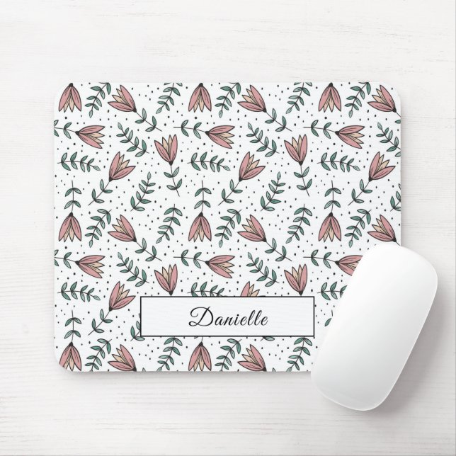 Modern Pink Floral Pattern Name Mouse Pad (With Mouse)
