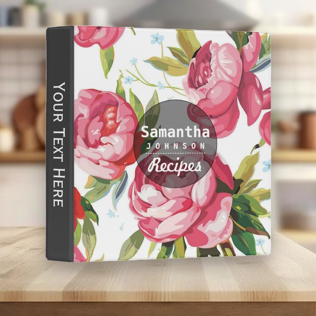 Modern Pink Floral Personalized Cookbook Recipe 3 Ring Binder (Creator Uploaded)