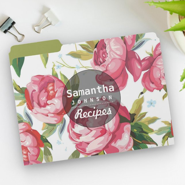 Modern Pink Floral Personalized Recipe File Folder (Creator Uploaded)