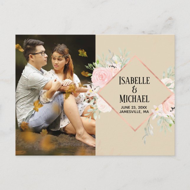 Modern Pink Floral Photo Save the Date Postcard (Front)