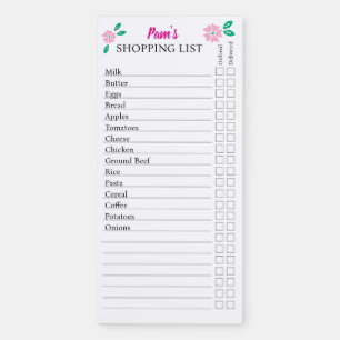 Modern Pink Floral Pre-filled Shopping List Magnetic Notepad