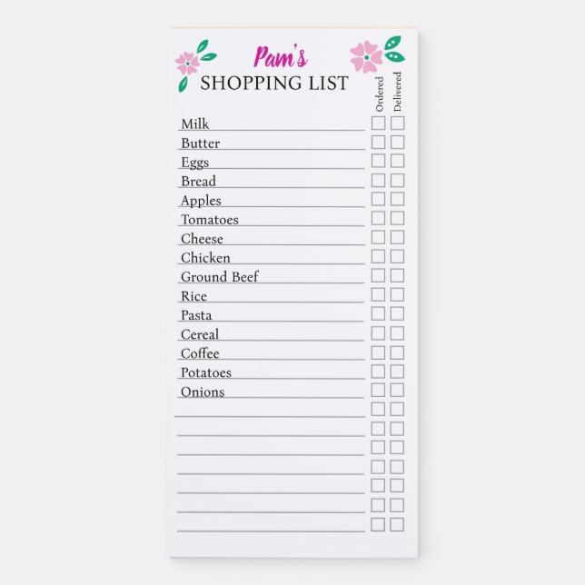 Modern Pink Floral Pre-filled Shopping List Magnetic Notepad (Front)