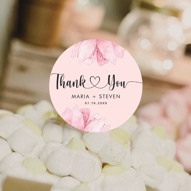 Modern Pink Floral Romance Thank You wedding  Classic Round Sticker (Creator Uploaded)