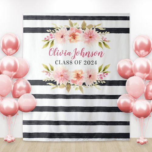 Modern Pink Floral Stripes Graduation Backdrop