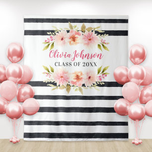 Modern Pink Floral Stripes Graduation Backdrop