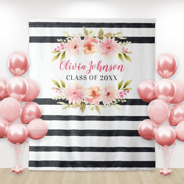Modern Pink Floral Stripes Graduation Backdrop (Creator Uploaded)