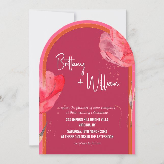 Modern Pink Floral Summer Wedding Arched  Invitation (Front)