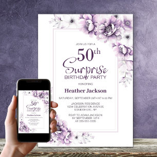 Modern Pink Floral Surprise 50th Birthday Party Invitation