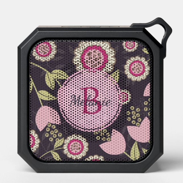 Modern Pink Floral Tulip Pattern Monogram Bluetooth Speaker (Front)