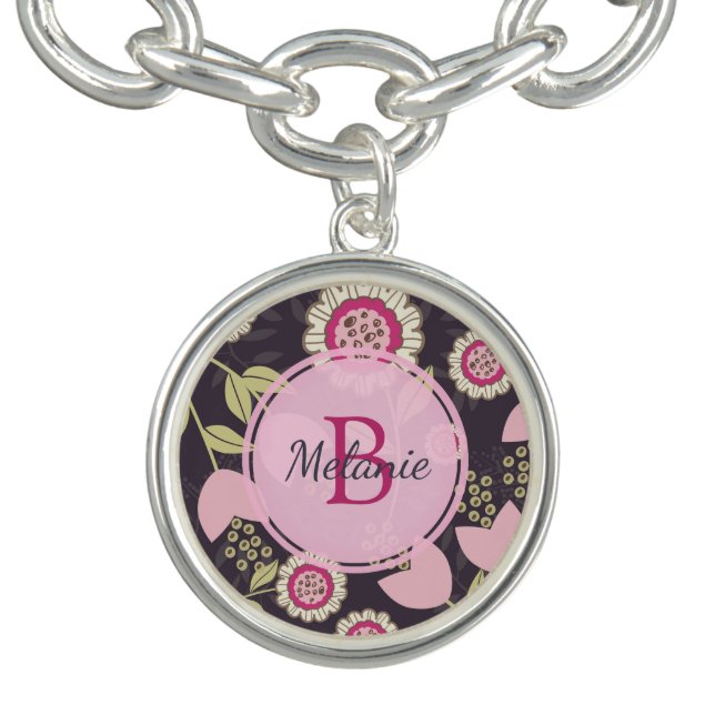 Modern Pink Floral Tulip Pattern Monogram Bracelet (Design)