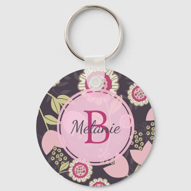 Modern Pink Floral Tulip Pattern Personalised Keychain (Front)