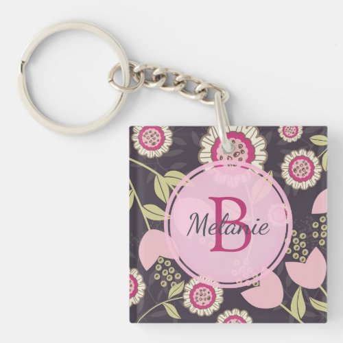 Modern Pink Floral Tulip Pattern Personalised Keychain