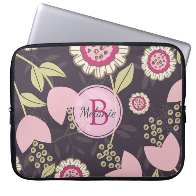 Modern Pink Floral Tulip Pattern Personalised Laptop Sleeve (Front)