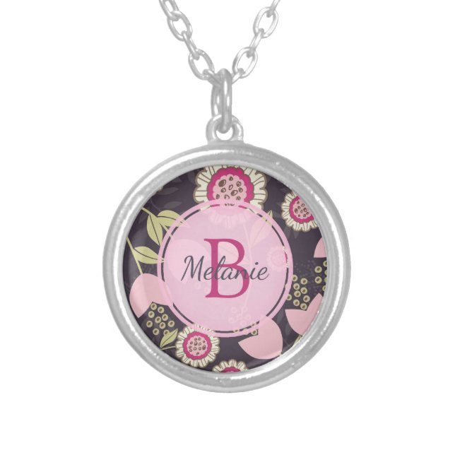 Modern Pink Floral Tulip Pattern Personalised Silver Plated Necklace (Front)