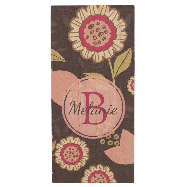 Modern Pink Floral Tulip Pattern Personalised Wood Flash Drive (Front Vertical)