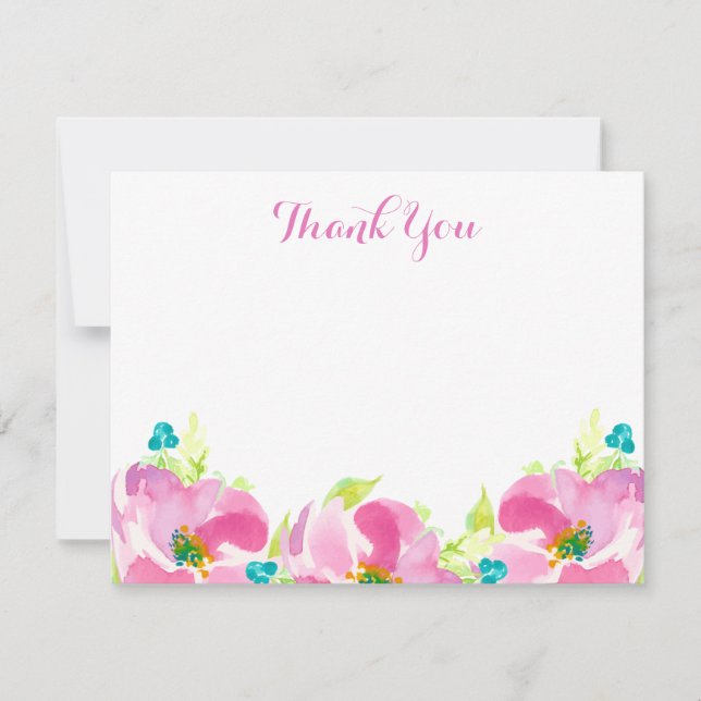 Modern Pink Floral Turquoise Custom Flat Note Card (Front)