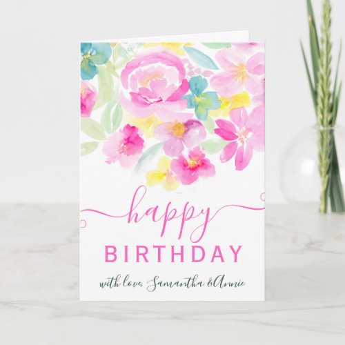 Modern pink floral watercolor 2 photo birthday card
