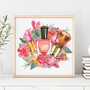 Modern Pink Floral Watercolor Beauty Makeup Artist Poster