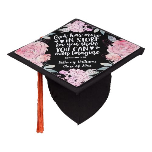 Modern Pink Floral Watercolor Black Bible Verse Graduation Cap Topper