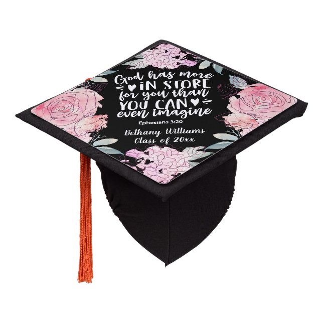 Modern Pink Floral Watercolor Black Bible Verse Graduation Cap Topper (Angled)