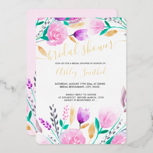 Modern pink floral watercolor bridal shower invita foil invitation