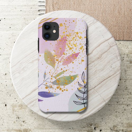 Modern Pink Floral Watercolor Faux Gold Glitter iPhone 11 Case