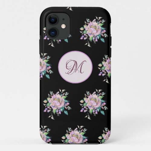 Modern Pink Floral Watercolor Monogram Elegant iPhone 11 Case