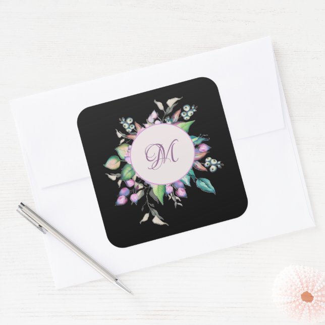 Modern Pink Floral Watercolor Monogram Elegant Square Sticker (Envelope)