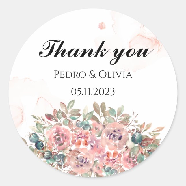 Modern pink floral wedding  classic round sticker (Front)