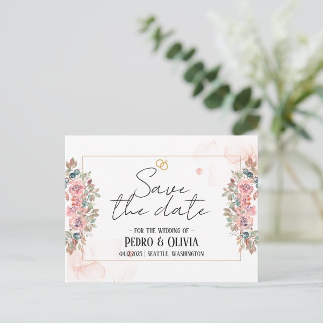 Modern pink floral wedding save the date postcard (Standing Front)