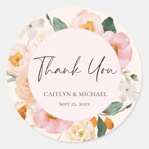 Modern Pink Floral Wedding Thank You Classic Round Sticker