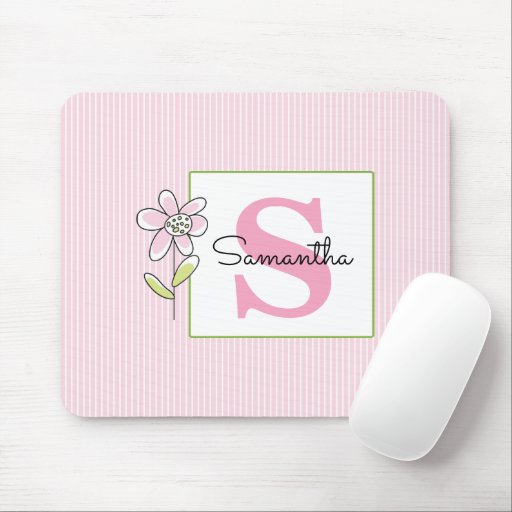Modern Pink Floral with Stripes Monogrammed Mouse Pad