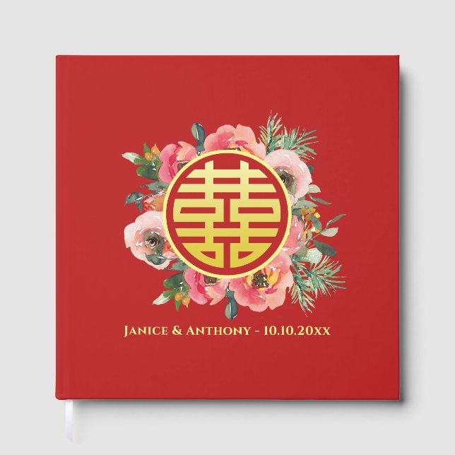 Modern pink floral wreath chinese wedding guest book (Front)