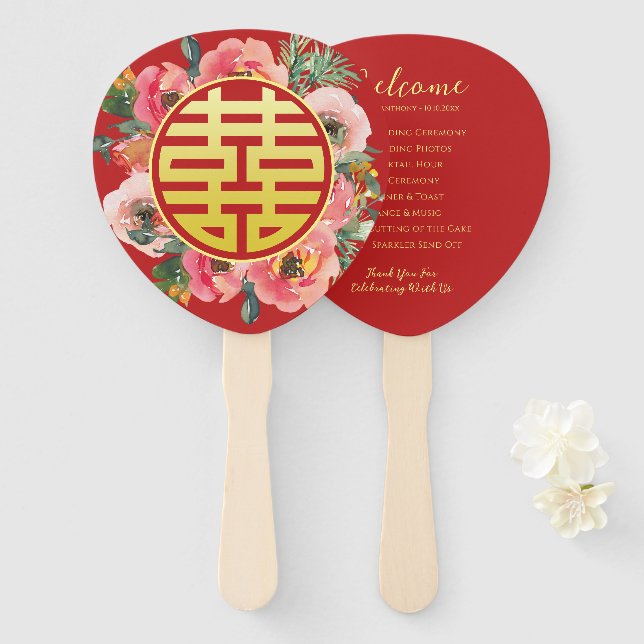 Modern pink floral wreath chinese wedding  hand fan (Front and Back)