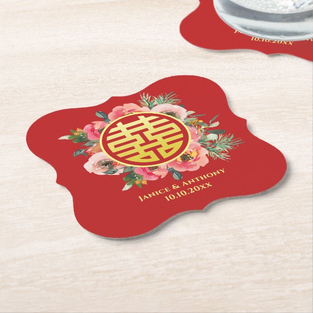 Modern pink floral wreath chinese wedding paper coaster (Angled)