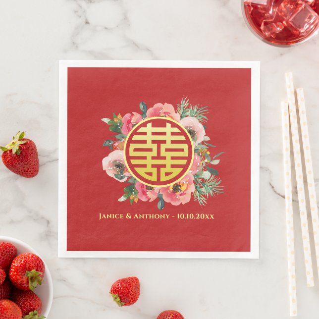 Modern pink floral wreath chinese wedding paper dinner napkins (Insitu)