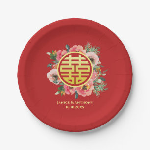 Modern pink floral wreath chinese wedding paper plates