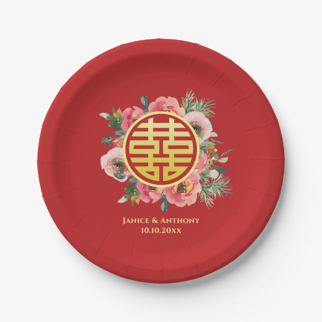 Modern pink floral wreath chinese wedding paper plates (Front)
