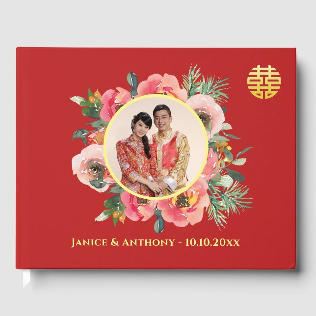 Modern pink floral wreath chinese wedding photo guest book (Front)