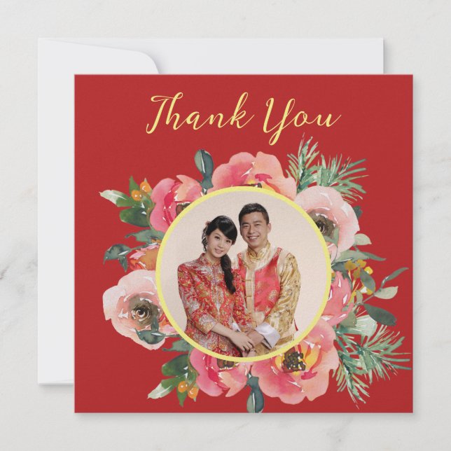 Modern pink floral wreath chinese wedding photo thank you card (Front)