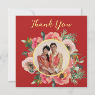 Modern pink floral wreath chinese wedding photo thank you card