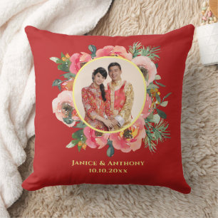 Modern pink floral wreath chinese wedding photo throw pillow