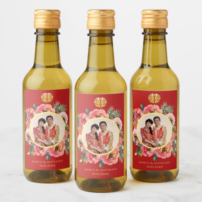 Modern pink floral wreath chinese wedding photo wine label (Bottles)
