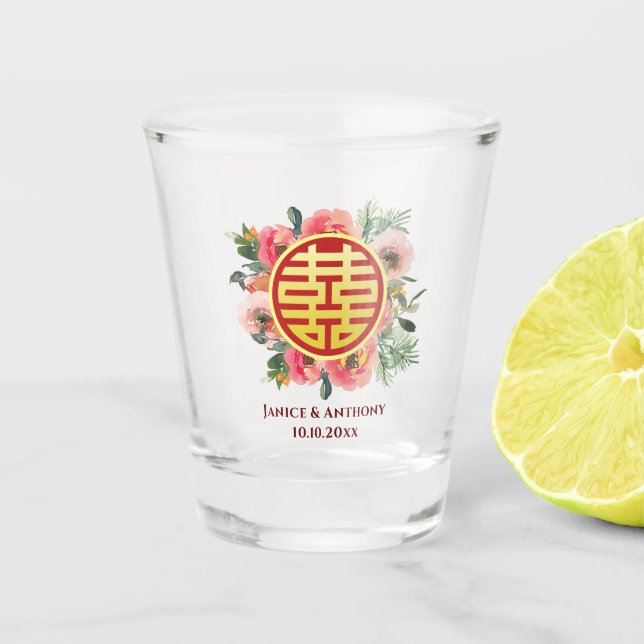 Modern pink floral wreath chinese wedding shot glass (Front)