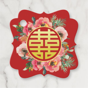 Modern pink floral wreath chinese wedding thanks favor tags